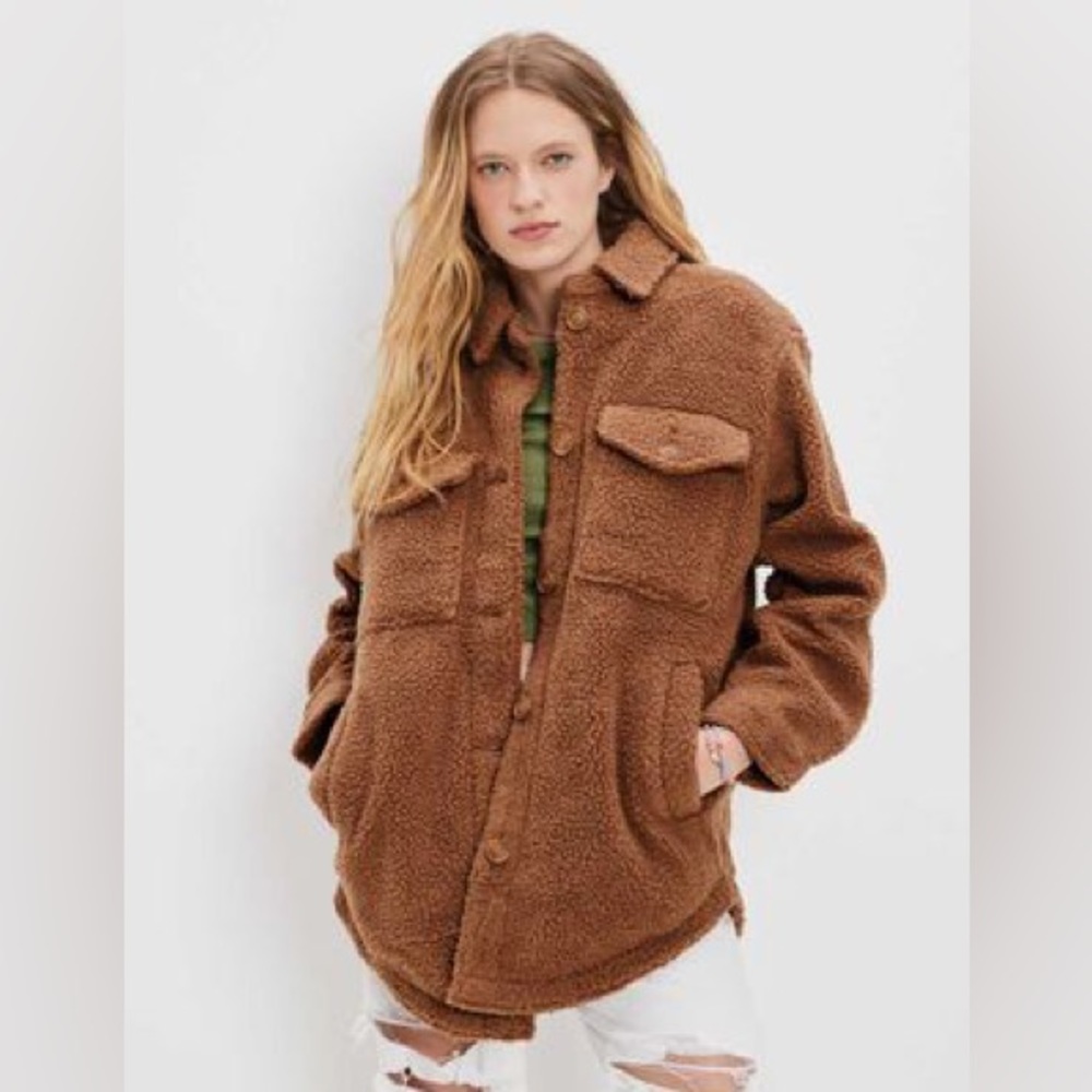Oversized American Eagle AE Teddy Fur Sherpa Shacket Jacket Coat Tan S